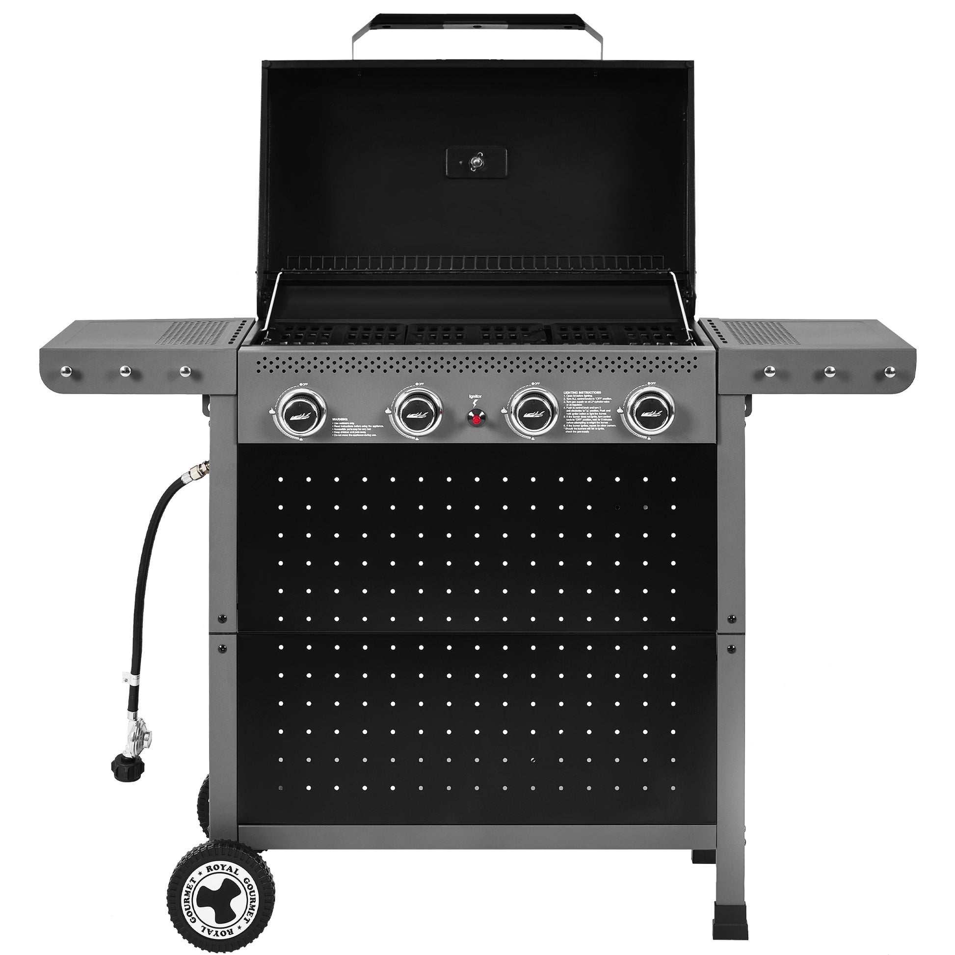 Black and gray Royal Gourmet grill with multiple burners on a white background