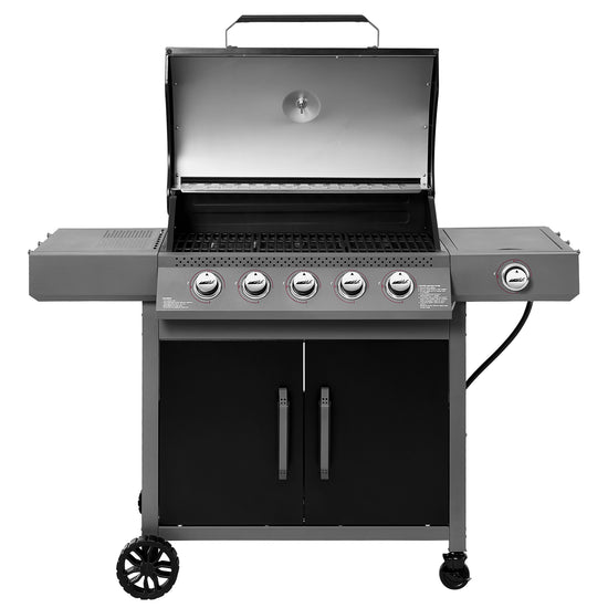 Black and silver Royal Gourmet gas grill on a white background