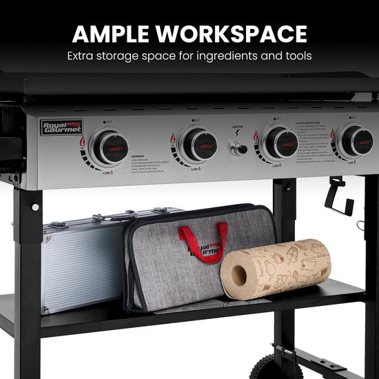 Portable Royal Gourmet stove with storage space for ingredients and tools on a black background