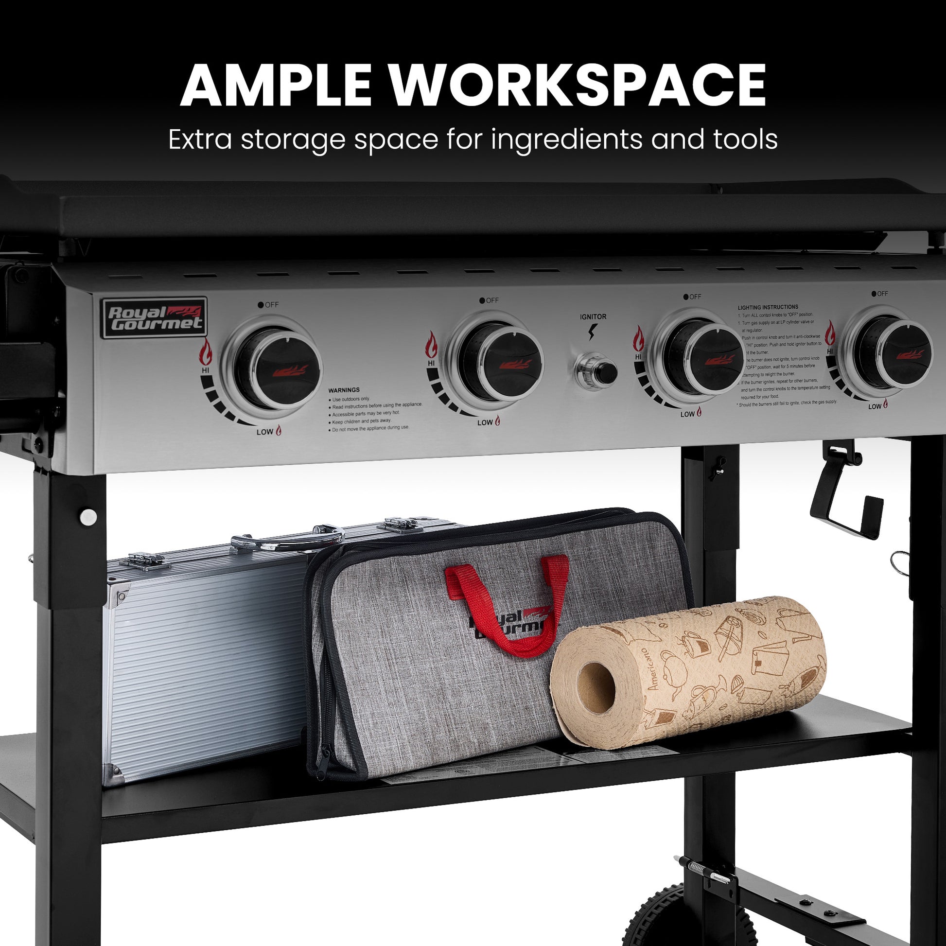 Portable Royal Gourmet stove with storage space for ingredients and tools on a black background