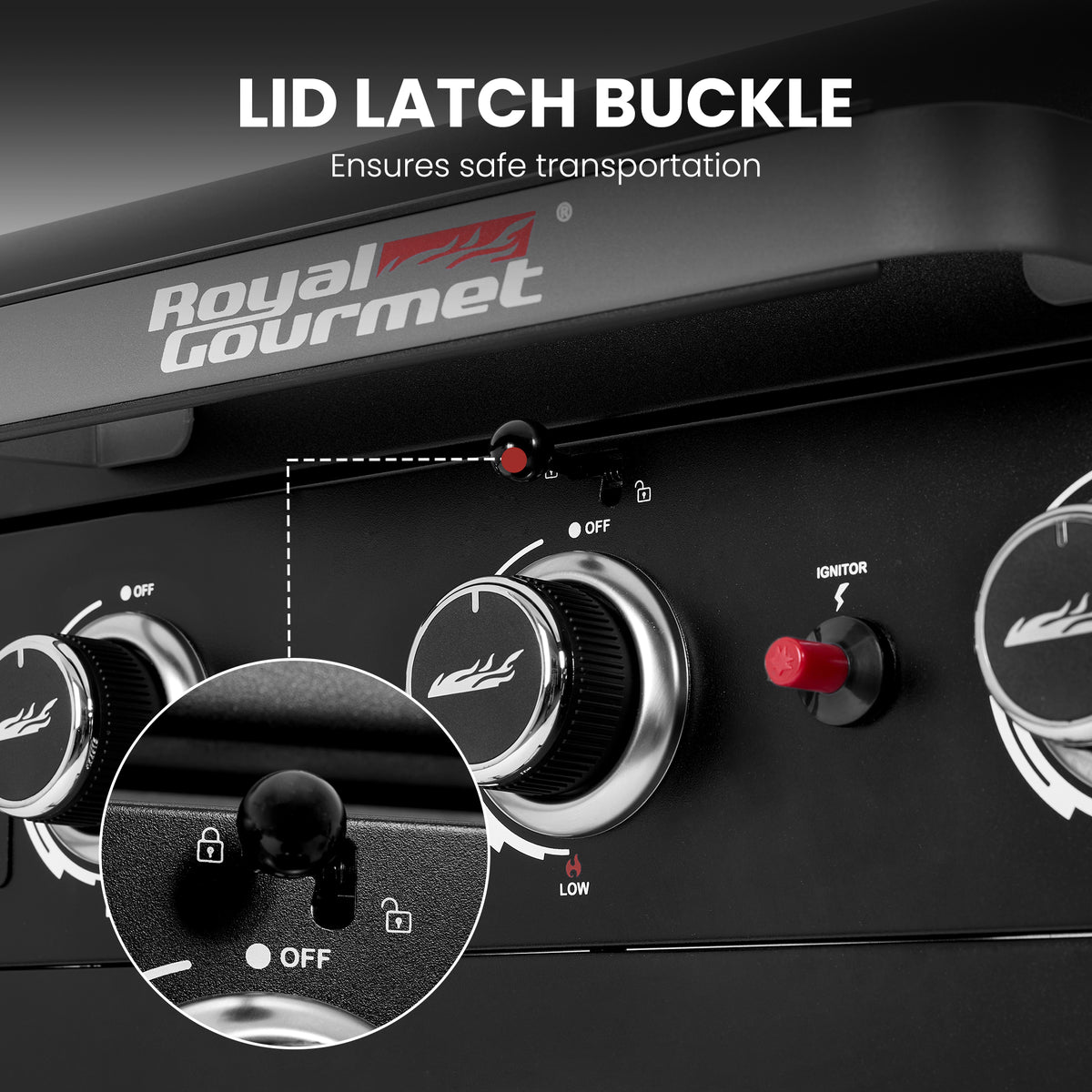 Close-up of a Royal Gourmet gas grill control panel showing the lid latch buckle switch with a red handle and a circular inset detail, with text reading 'LID LATCH BUCKLE' and 'Ensures safe transportation'.