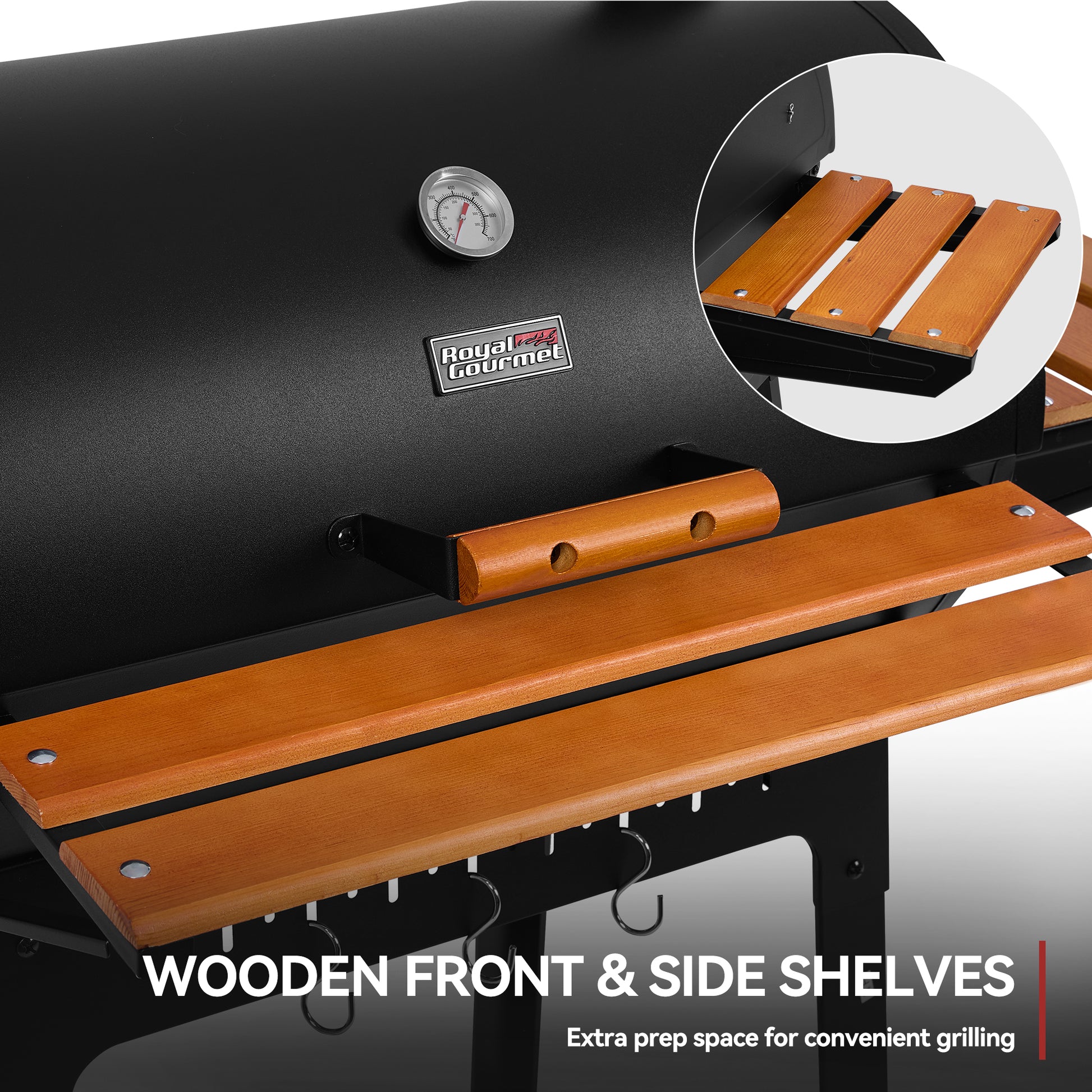 Royal Gourmet Black barbecue grill with wooden front and side shelves, featuring a close-up of the shelves and brand logo.