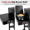 Black Royal Gourmet multi-use side burner grill shelf shown in two views: one flat cooking plate and one shelf mounted under the grill with a pot on a blue burner. Text at the top reads 'Multi-Use Side Burner Shelf' and '10,000 BTU heat with extra workspace when needed'.