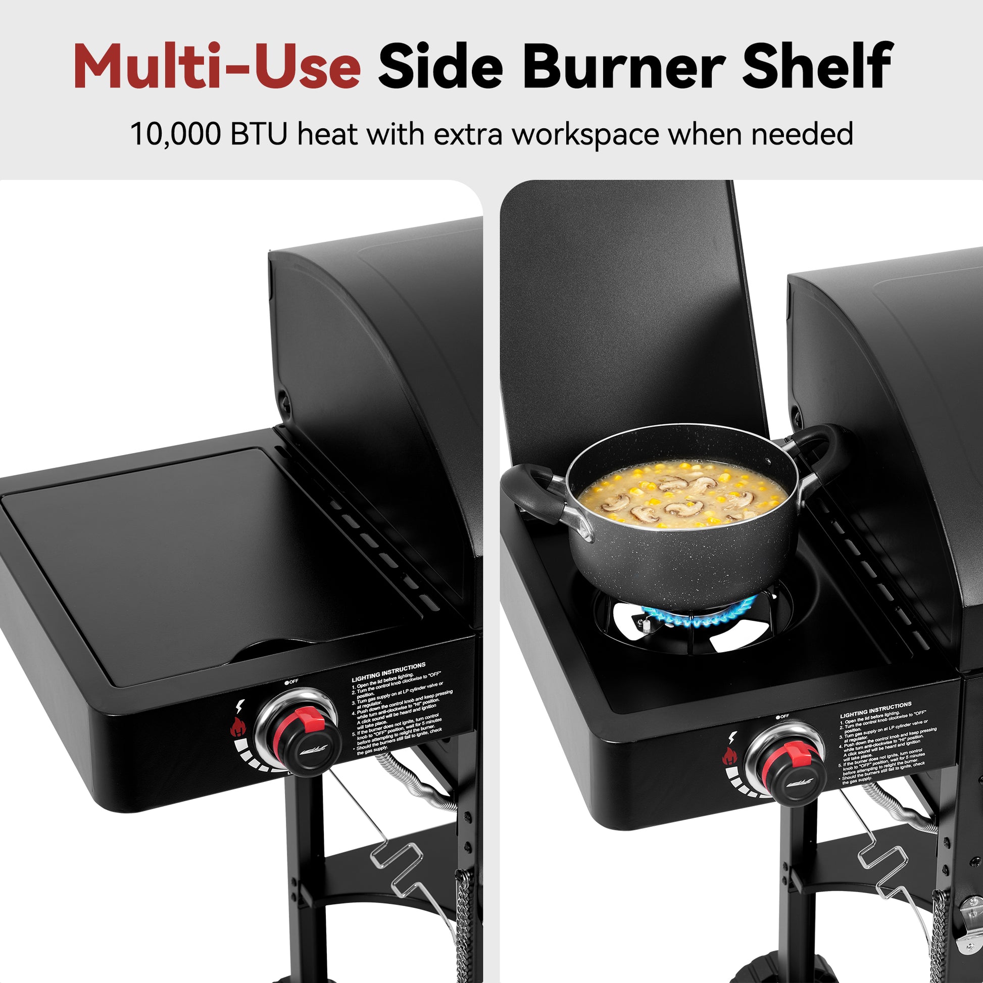 Black Royal Gourmet multi-use side burner grill shelf shown in two views: one flat cooking plate and one shelf mounted under the grill with a pot on a blue burner. Text at the top reads 'Multi-Use Side Burner Shelf' and '10,000 BTU heat with extra workspace when needed'.