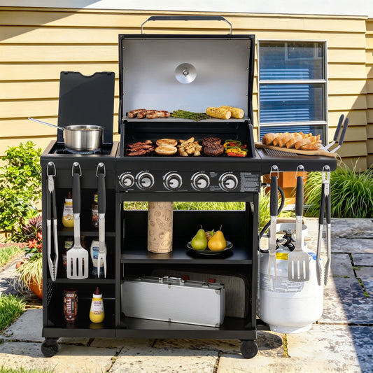 Outdoor Royal Gourmetgrill with food and accessories on a patio