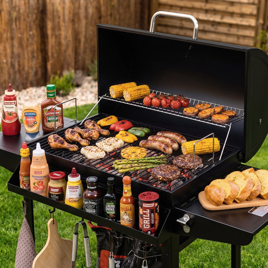A black Royal Gourmet outdoor grill filled with food, set on grass in front of a wooden fence. Condiment bottles are arranged on the sides of the grill, and sliced bread sits on a wooden board on the right side.
