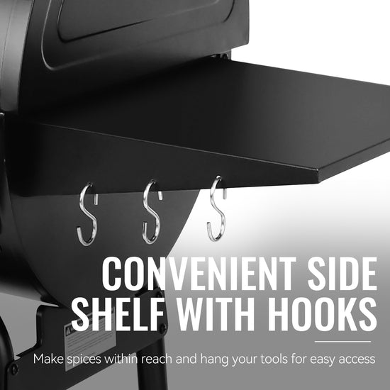 Black barbecue grill with a side shelf and hooks, featuring text about convenience.