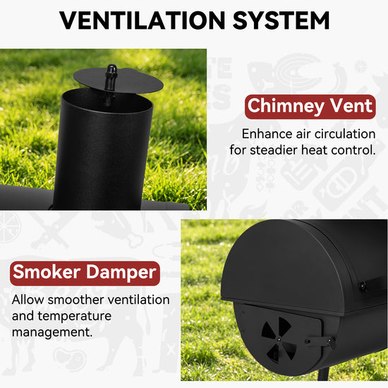 A product feature infographic for a black outdoor chimney vent and smoker damper system. The collage shows two product close-ups on a grassy lawn with explanatory text: 'Chimney Vent' for air circulation and 'Smoker Damper' for temperature management.