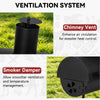 A product feature infographic for a black outdoor chimney vent and smoker damper system. The collage shows two product close-ups on a grassy lawn with explanatory text: 'Chimney Vent' for air circulation and 'Smoker Damper' for temperature management.