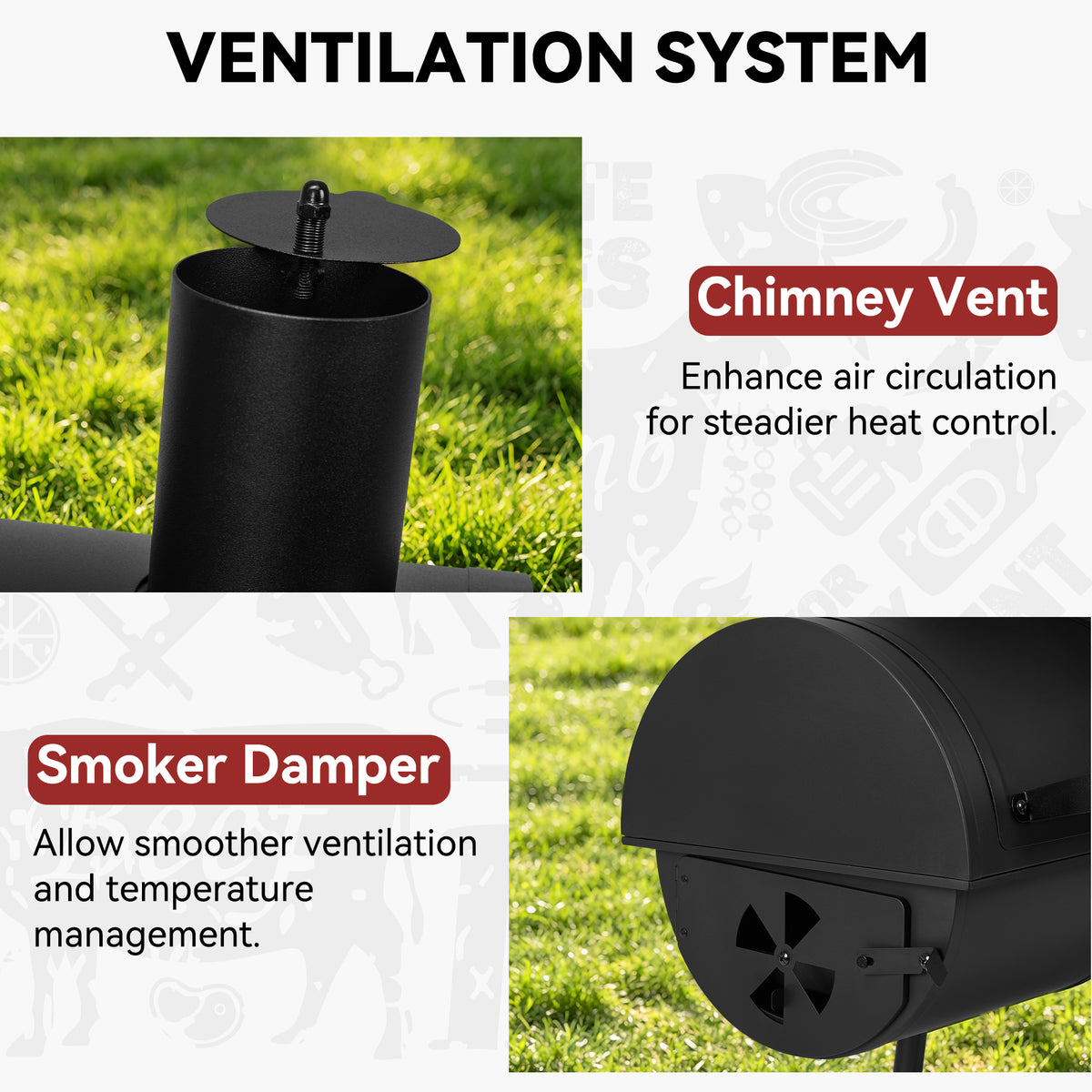 A product feature infographic for a black outdoor chimney vent and smoker damper system. The collage shows two product close-ups on a grassy lawn with explanatory text: 'Chimney Vent' for air circulation and 'Smoker Damper' for temperature management.