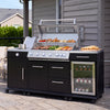 A black and stainless steel outdoor kitchen cart with a built-in Royal Gourmet  gas grill, drawers, and a glass-door wine cooler, shown on a patio with food and drinks on top.