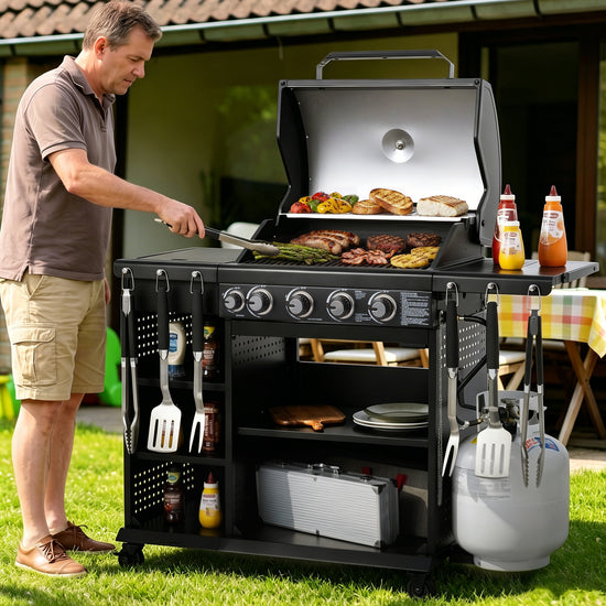 Man grilling outdoors using a large Royal Gourmet black barbecue grill with various utensils and ingredients.