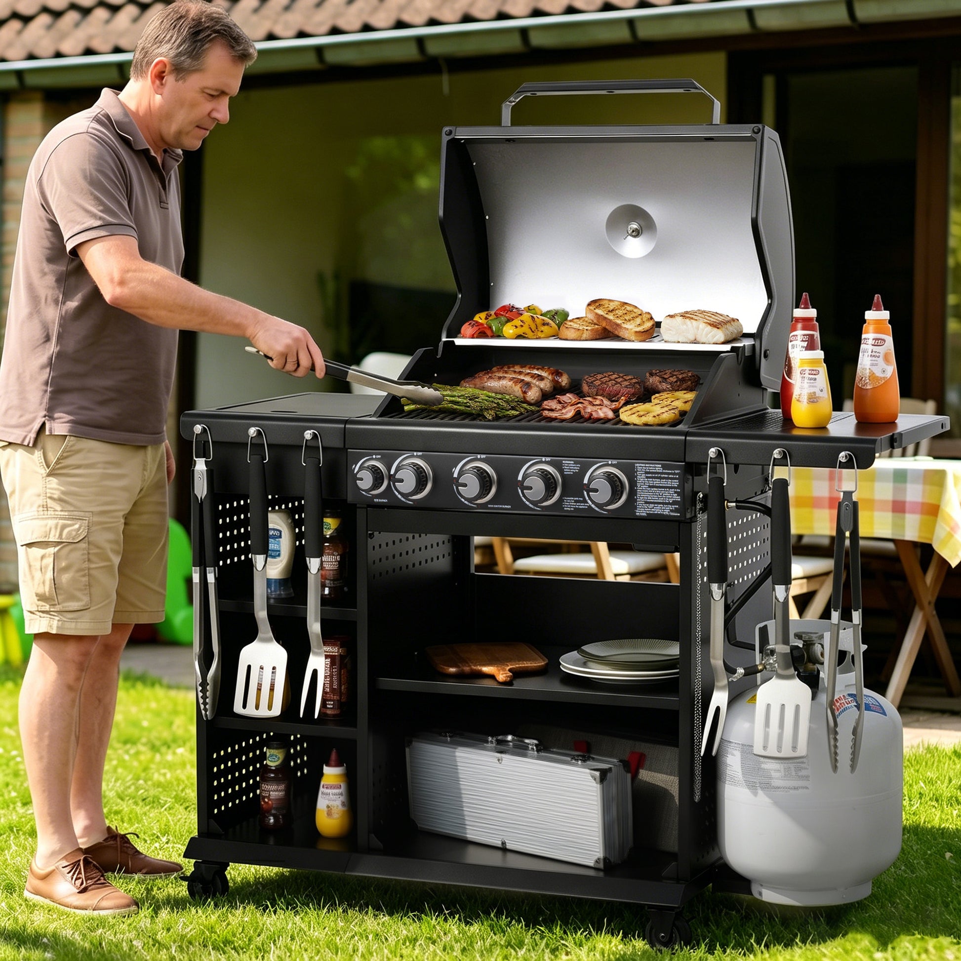 Man grilling outdoors using a large Royal Gourmet black barbecue grill with various utensils and ingredients.
