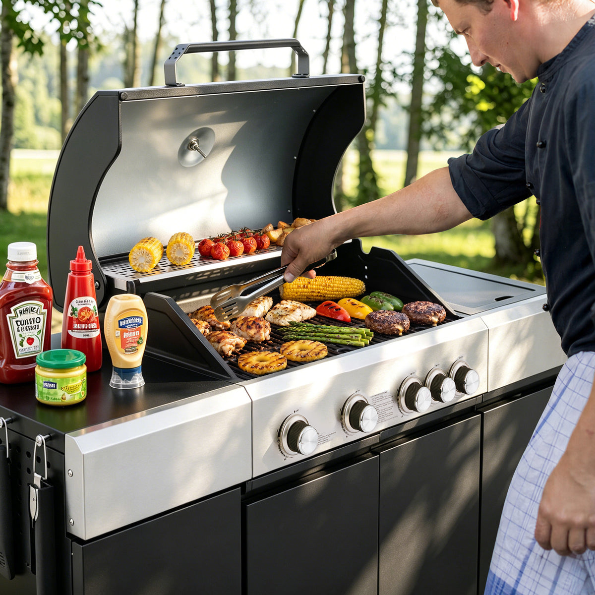 A stainless steel and black Royal Gourmet outdoor gas grill is shown in a park setting with a man grilling food on top. Condiments including Heinz Ketchup, mustard, and relish are placed on the grill's side table.