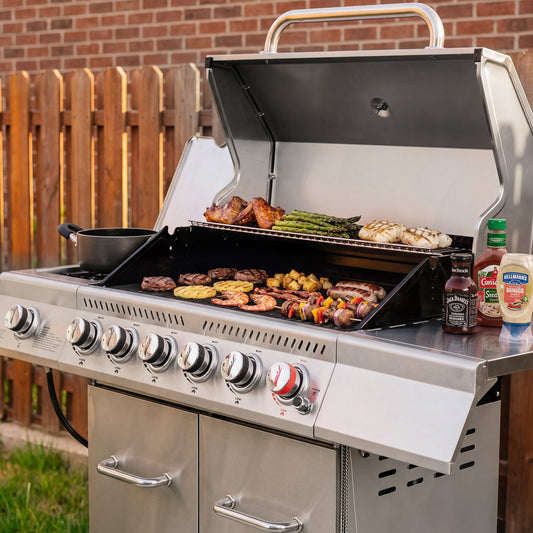 A stainless steel Royal Gourmet gas grill is shown outdoors on a backyard patio, loaded with food including chicken, asparagus, potatoes, and peppers. A brick wall and wooden fence are visible in the background, and cooking bottles sit on the right side of the grill.