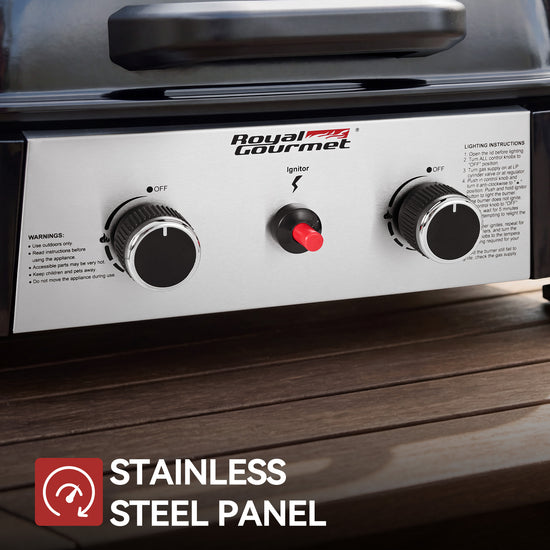 Close-up of a Royal Gourmet grill control panel with two black knobs, a red switch, and a stainless steel faceplate, shown on a dark wood surface with a text overlay reading 'STAINLESS STEEL PANEL'.
