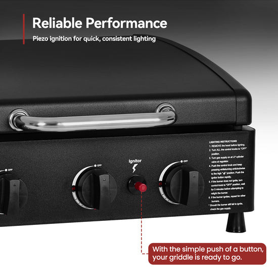 Royal Gourmet Black griddle with piezo ignition system and reliable performance text.