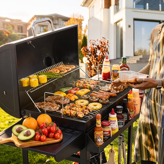 A black outdoor Royal Gourmet gas grill is loaded with grilled meats, vegetables, and drinks, set in a backyard patio scene. A person wearing a striped shirt is partially visible on the right holding a container, with food items like avocados, tomatoes, and oranges arranged on the grill's side shelf.