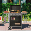 A black Royal Gourmet gas grill with side tables and hanging utensils is shown outdoors on a patio, cooking burgers, hot dogs, and vegetables, with a green garden background.