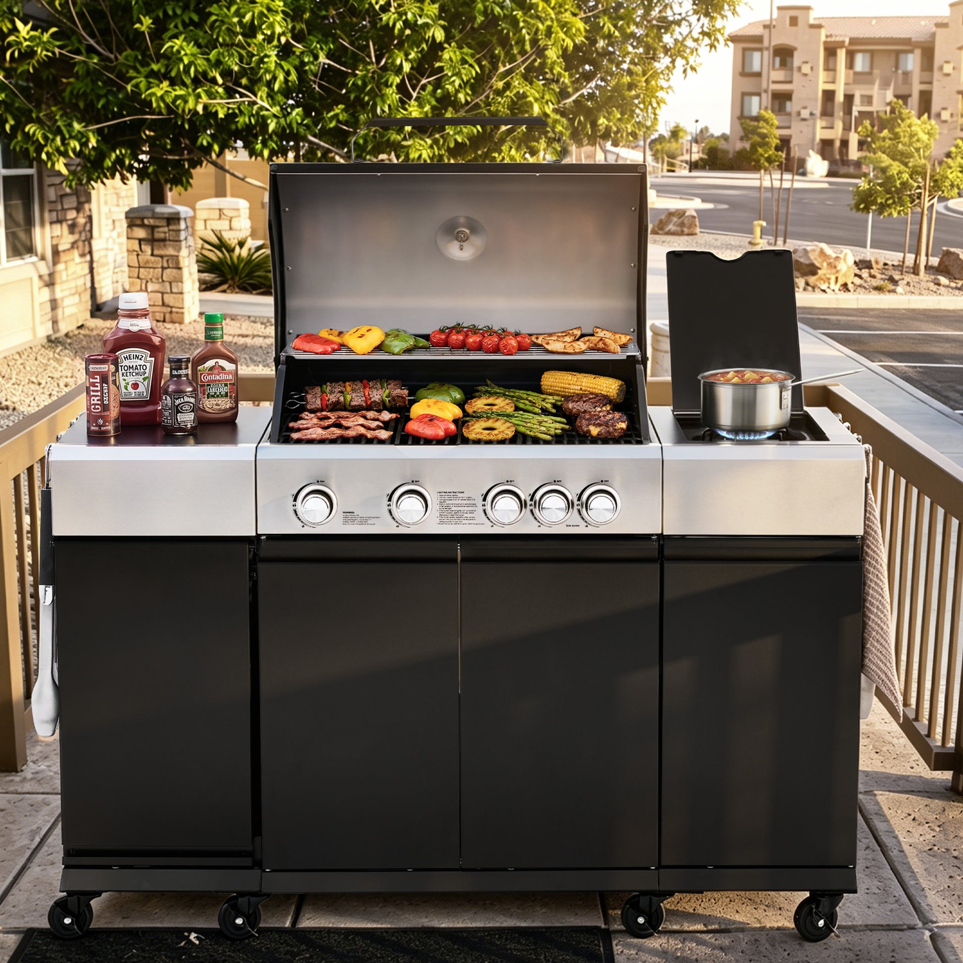 A large Royal Gourmet outdoor gas grill cart with a stainless steel top and black lower cabinets, shown open on a patio with food cooking inside and condiment bottles on the left. The setting includes trees, railings, and apartment buildings in the background.