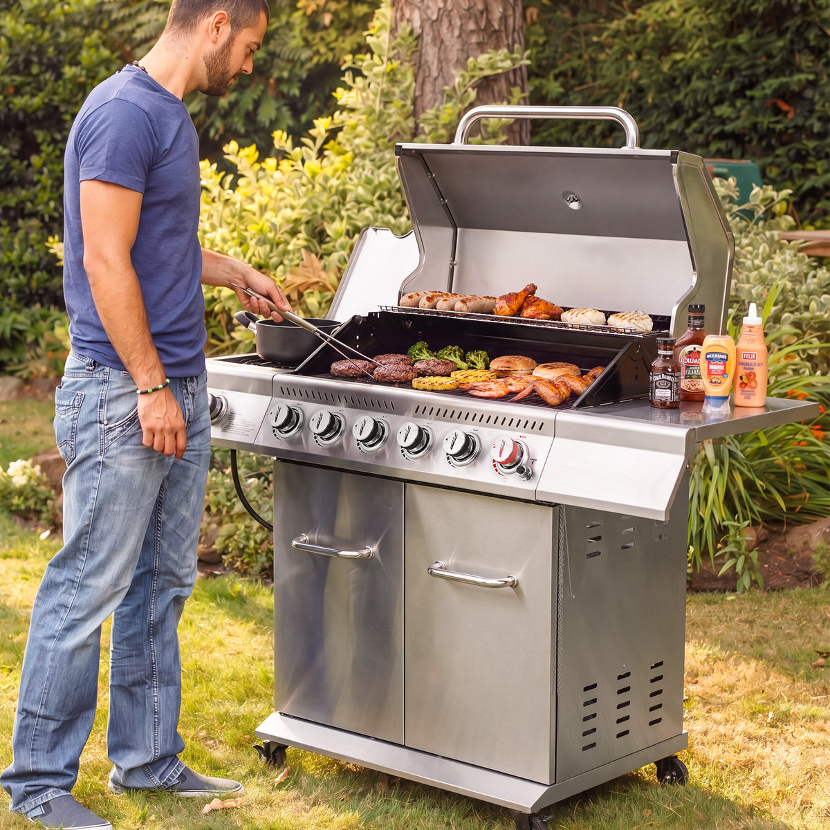 A man in a blue t-shirt and jeans grills meat on a stainless steel Royal Gourmet gas barbecue grill in a backyard garden setting.