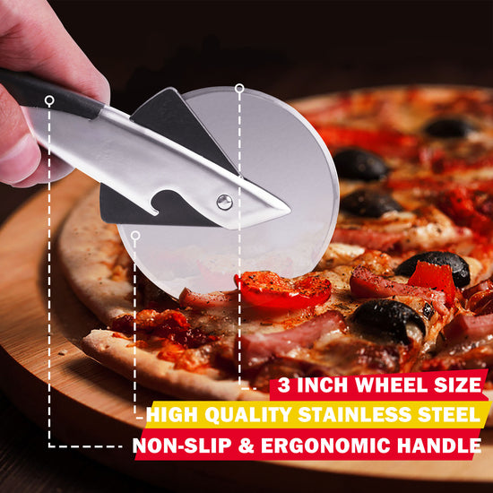 Royal Gourmet Pizza cutter slicing a pizza with promotional text about its features.