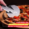 Royal Gourmet Pizza cutter slicing a pizza with promotional text about its features.
