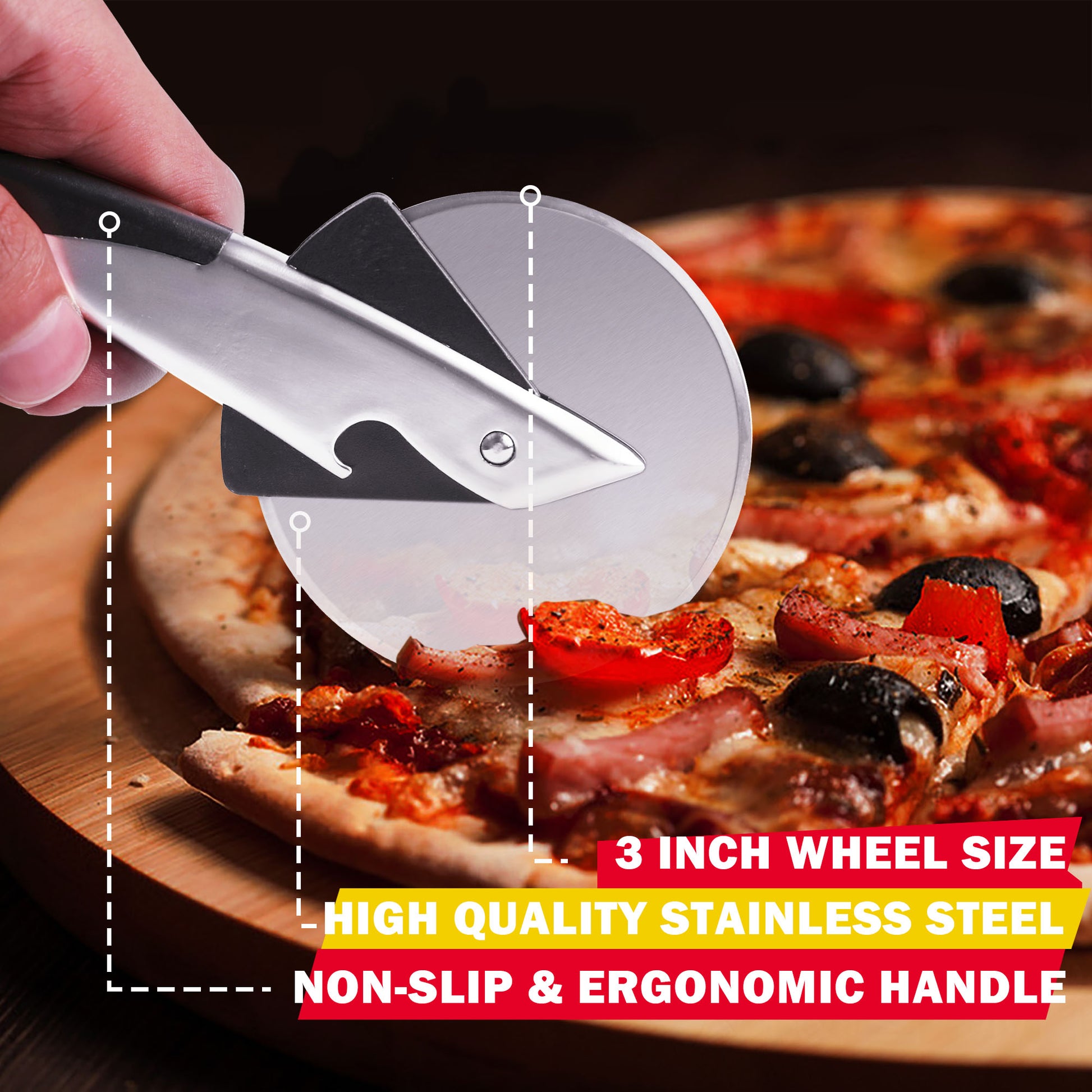 Royal Gourmet Pizza cutter slicing a pizza with promotional text about its features.