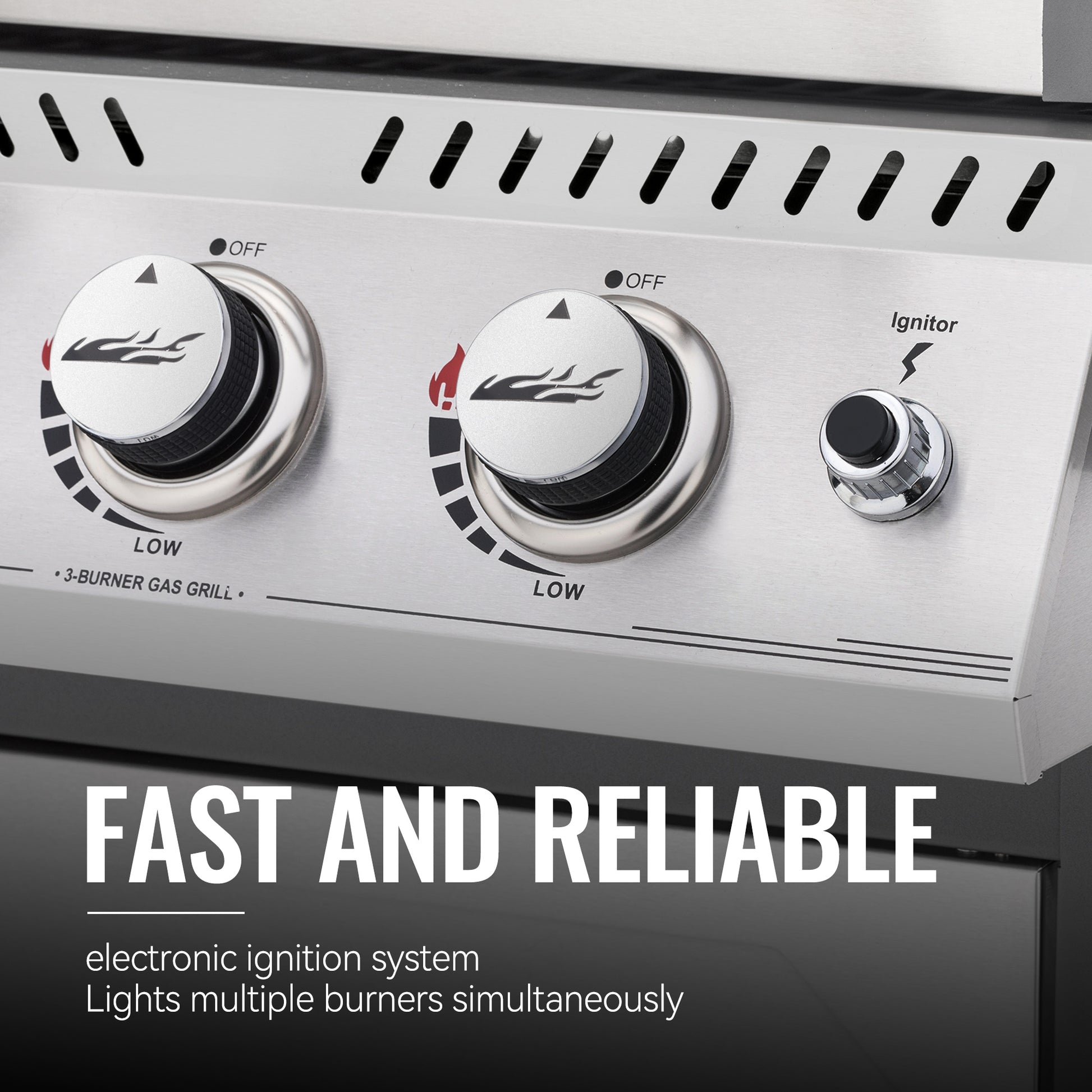Control panel of a Royal Gourmet gas grill with electronic ignition system labeled 'Fast and Reliable'.