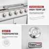 A promotional product graphic for a Royal Gourmet gas grill showing close-up details of a stainless steel high-temp lid and built-in thermometer, with text callouts and a brand logo on a light gray background.