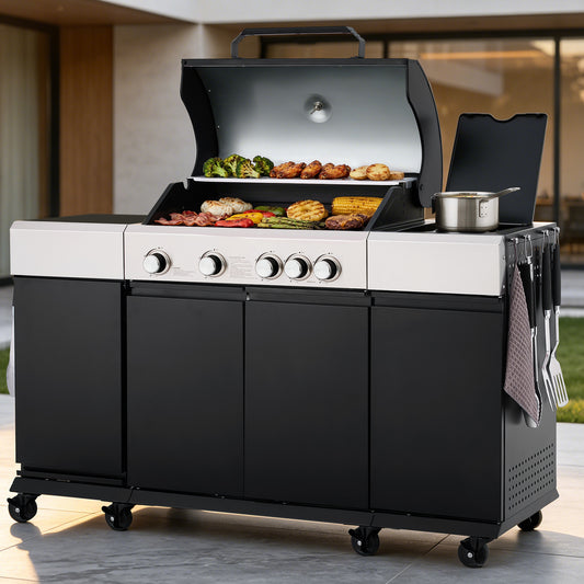 A large black and white Royal Gourmet outdoor  gas grill with the lid open, showing cooked food on multiple grates, set on a patio in front of a modern house. A small metal pot sits on the side table, and utensils hang from a side rack.