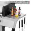 Side storage shelf on a Royal Gourmet grill with bottles of sauce and utensils hanging from hooks, with text reading 'CONVENIENT SIDE STORAGE Keeps grilling tools within easy reach'.