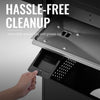 Royal Gourmet Hand pulling out a removable grease tray from an oven with text 'Hassle-Free Cleanup' and 'removable grease tray and grease cup'.