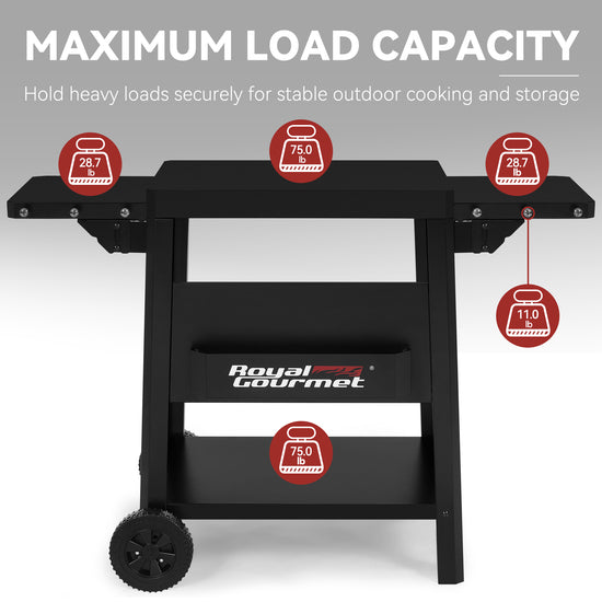 Black Royal Gourmet outdoor cart with two side shelves and a lower storage bin, shown on a light gray gradient background with overlaid red weight icons and the text 'MAXIMUM LOAD CAPACITY'.