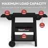 Black Royal Gourmet outdoor cart with two side shelves and a lower storage bin, shown on a light gray gradient background with overlaid red weight icons and the text 'MAXIMUM LOAD CAPACITY'.