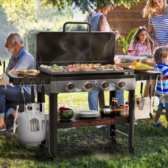 Royal Gourmet GB4005P propane gas griddle in use outdoors at backyard cookout
