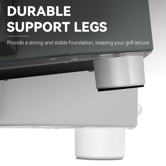 Close-up of a Royal Gourmet  grill support leg assembly with white cylindrical legs and a dark metal bracket, with text reading 'DURABLE SUPPORT LEGS' and a smaller supporting line of copy.