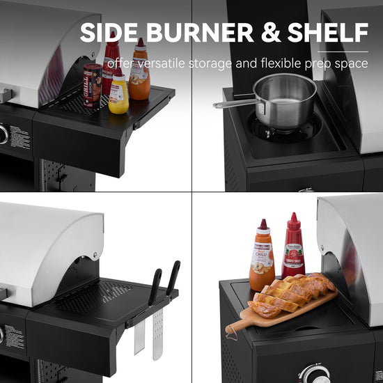Collage of a portable Royal Gourmet stove with side burner and shelf, showing storage and preparation space.