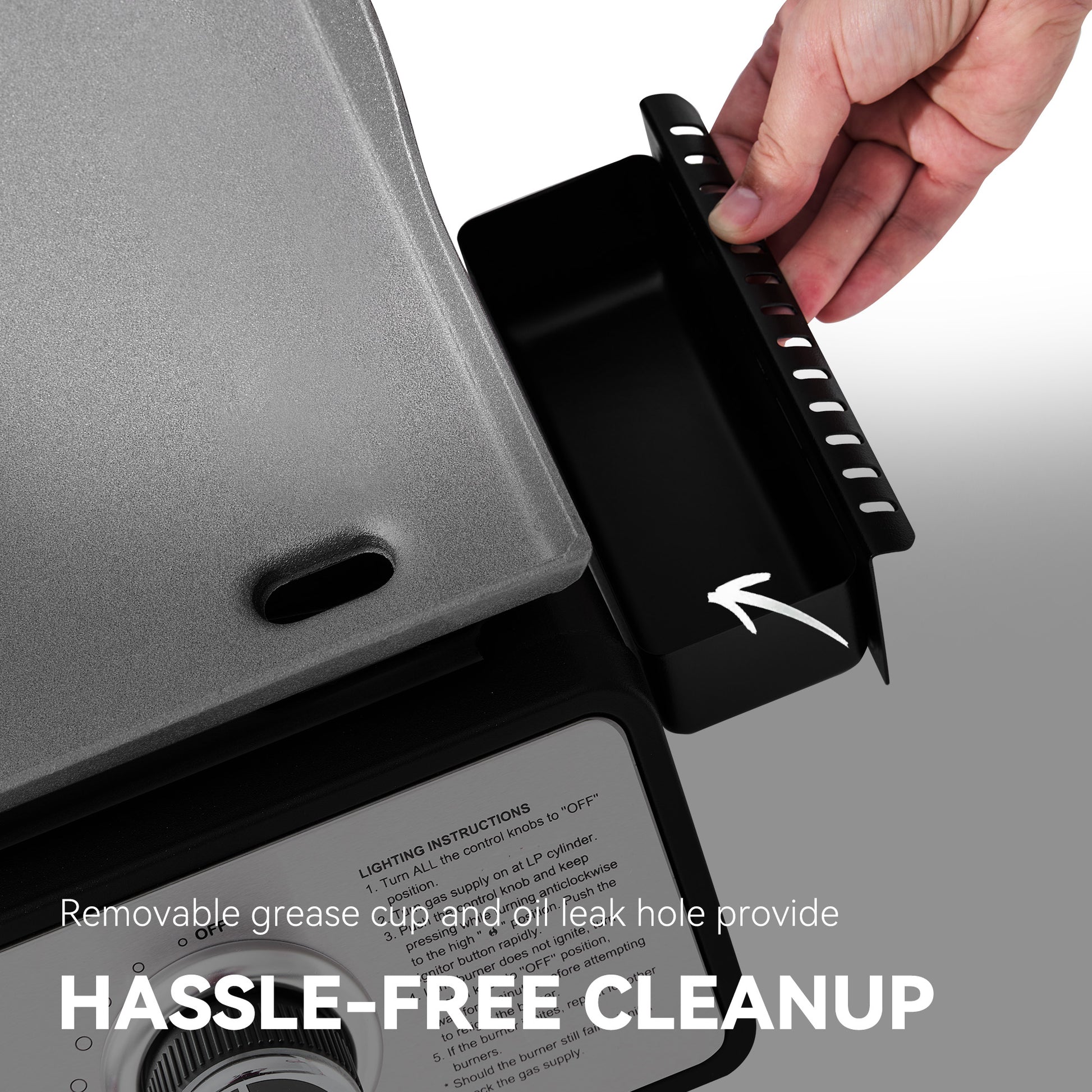 Hand opening a removable grease cup on a Royal Gourmet grill with text about hassle-free cleanup.