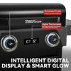Close-up of a black Royal Pro Gourmet grill control panel showing illuminated knobs, a digital temperature display reading 107°F and 82°F, and feature callouts for illuminated knobs and digital thermometer, with large text at the bottom reading 'INTELLIGENT DIGITAL DISPLAY & SMART GLOW'.