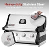 A stainless steel Royal Gourmet  gas grill with black trim, shown on a light gray background with marketing text and two circular callouts highlighting durable stainless steel construction and easy cleaning.