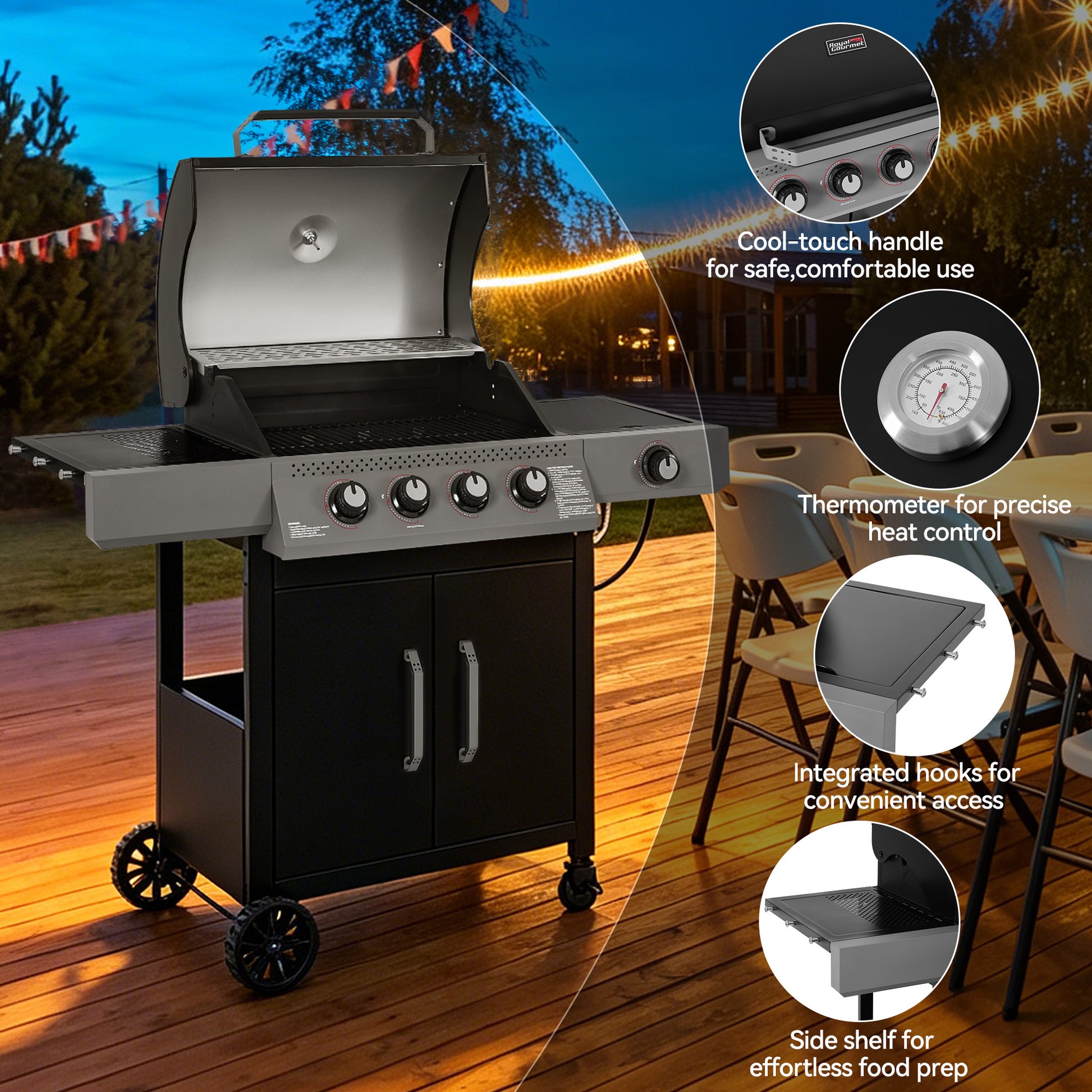 Outdoor Royal Gourmet  rill with features highlighted on a wooden deck at night.