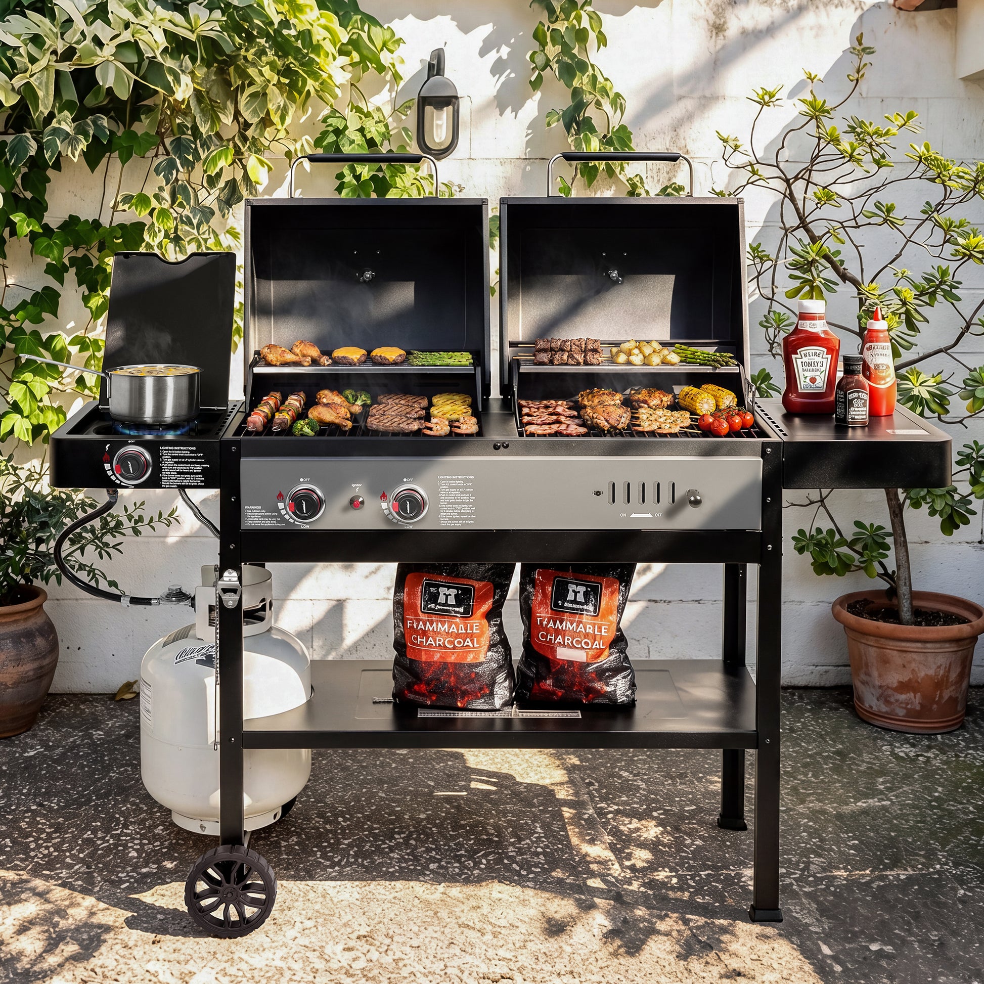 A large Royal Gourmet dual-grill outdoor charcoal grill set up on a patio, with food cooking on both grates, a propane tank underneath, and bags of charcoal on the lower shelf. Condiment bottles sit on the side table, and plants and a white wall are visible in the background.