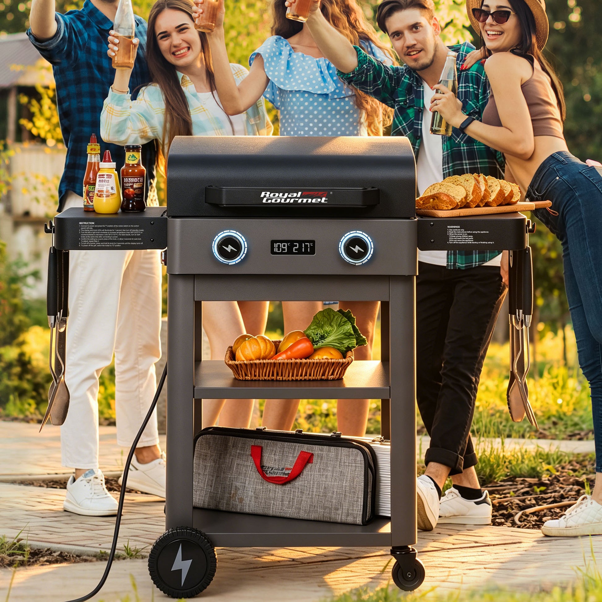 People around a Royal Gourmet grill with food and drinks in an outdoor setting