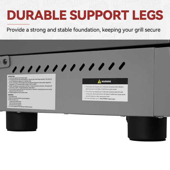 Close-up of the bottom support legs of a stainless steel grill, with text at the top reading 'DURABLE SUPPORT LEGS' and 'Provide a strong and stable foundation, keeping your grill secure.'.