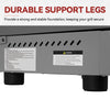 Close-up of the bottom support legs of a stainless steel grill, with text at the top reading 'DURABLE SUPPORT LEGS' and 'Provide a strong and stable foundation, keeping your grill secure.'.