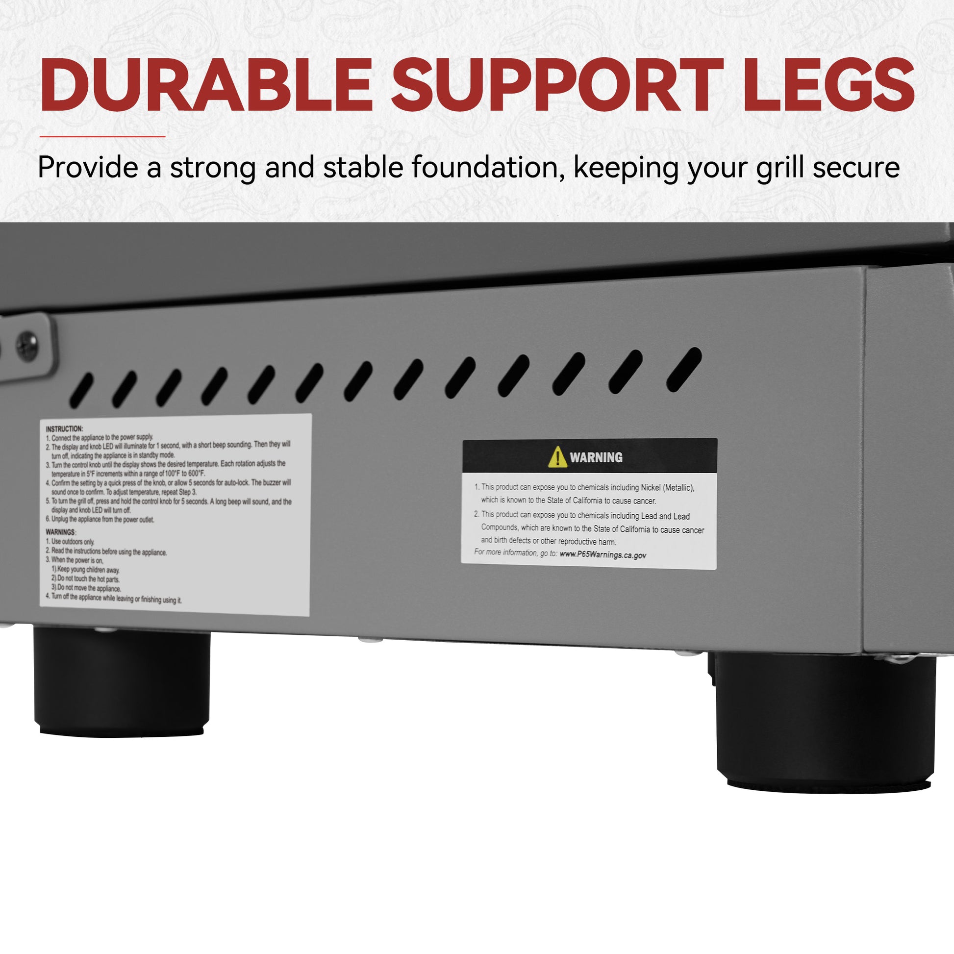 Close-up of the bottom support legs of a stainless steel grill, with text at the top reading 'DURABLE SUPPORT LEGS' and 'Provide a strong and stable foundation, keeping your grill secure.'.