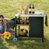 Royal Gourmet Outdoor setting with a portable kitchen cart on grass, featuring food and drinks.