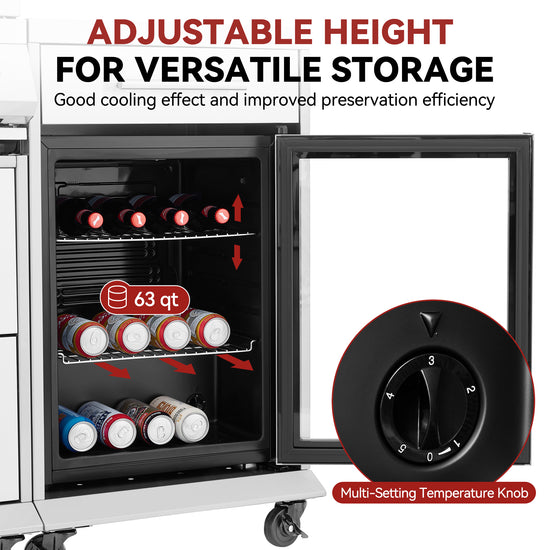 A commercial refrigerator with its door open, showing shelves stocked with bottles and cans. Large text at the top reads 'ADJUSTABLE HEIGHT FOR VERSATILE STORAGE' with smaller copy about cooling and preservation efficiency.