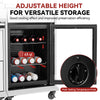 A commercial refrigerator with its door open, showing shelves stocked with bottles and cans. Large text at the top reads 'ADJUSTABLE HEIGHT FOR VERSATILE STORAGE' with smaller copy about cooling and preservation efficiency.
